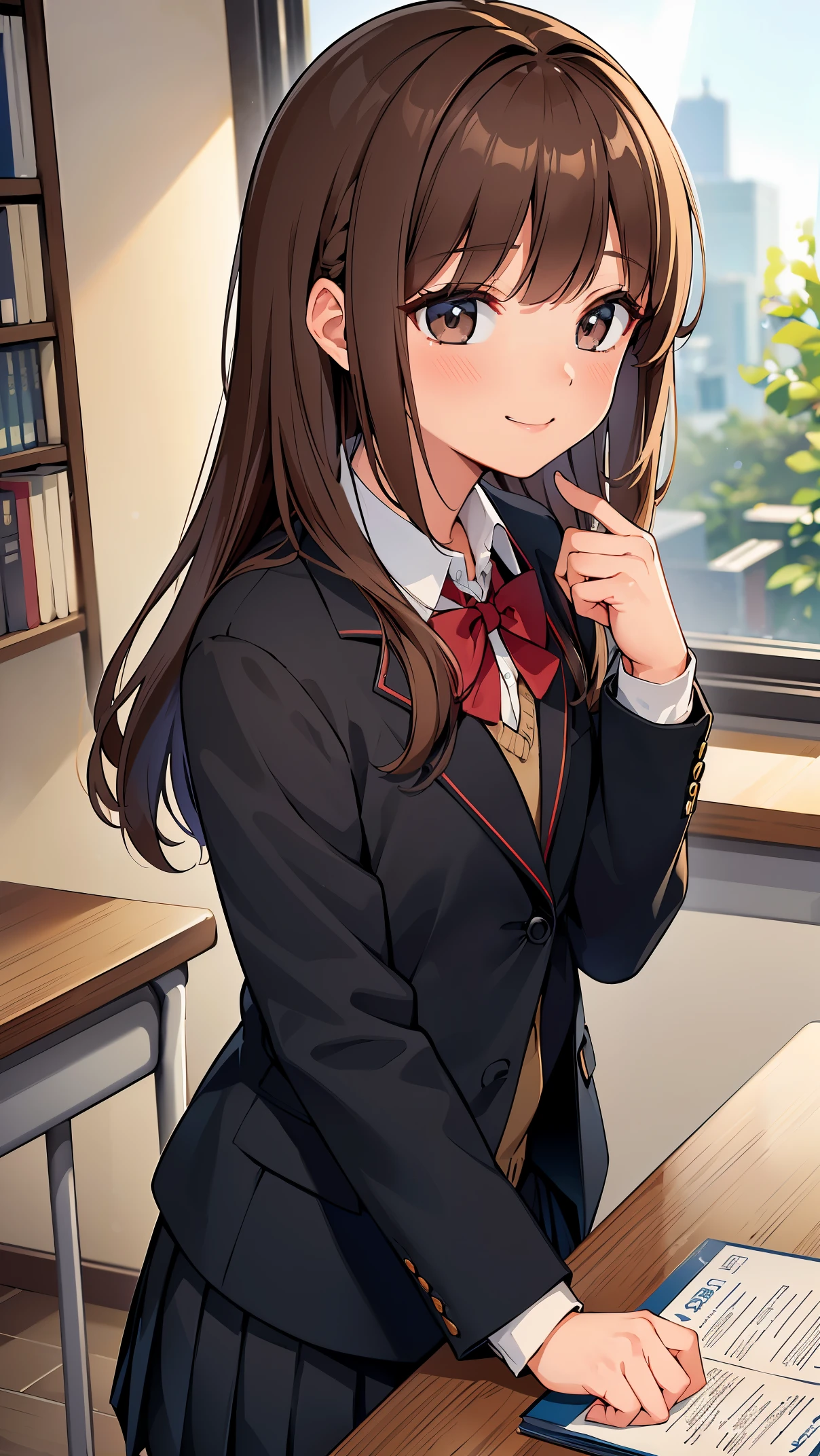 (8K, RAW photo, highest quality, masterpiece: 1.2), High-definition RAW color photo, Professional photography, cinematic light, alone, (((young woman, gal))), (Sharp features), (small face), (high detail skin: 1.2), clavicle, cute face, beautiful appearance, long eyelashes, ((brown hair, inner colored hair)), twin drill, slender body, ((shy smile)), blush all over the face, school uniform, collared shirt, blazer, long sleeve, , black pleated skirt, (((facing a desk, spreading the book))), In the classroom, Study, view from the side, Warm atmosphere, close-up shot of face,