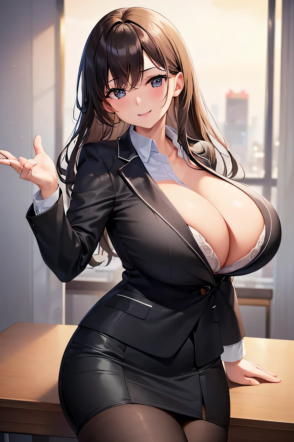 (8K,RAW photo,highest quality,masterpiece: 1.2),(messy brunette hair),Evening Classroom,(huge breasts:1.2),(smile),business womenswear,(black jacket:1.1),(white shirt:1.1),(black wrap skirt:1.1),(Lingerie is visible from the chest:1.1),mature woman,big breasts,beautiful face,professional lighting,(glowing skin:0.9),(seductive pose:1.2)