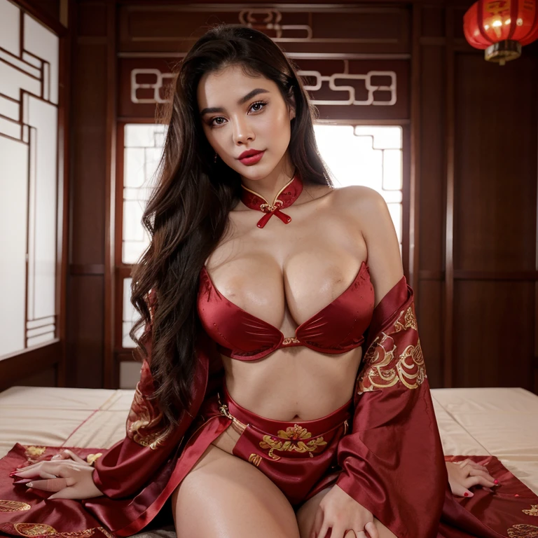 23 year old woman long dark hair, ojos claros definidos, rostro hermoso, labios sensuales, manos y pies reales huperrelistas no deformes, cuerpo hermoso y definido, in a traditional Chinese costume sensual with lips with red lipgloss beautiful sensual mischievous provocative sensual 