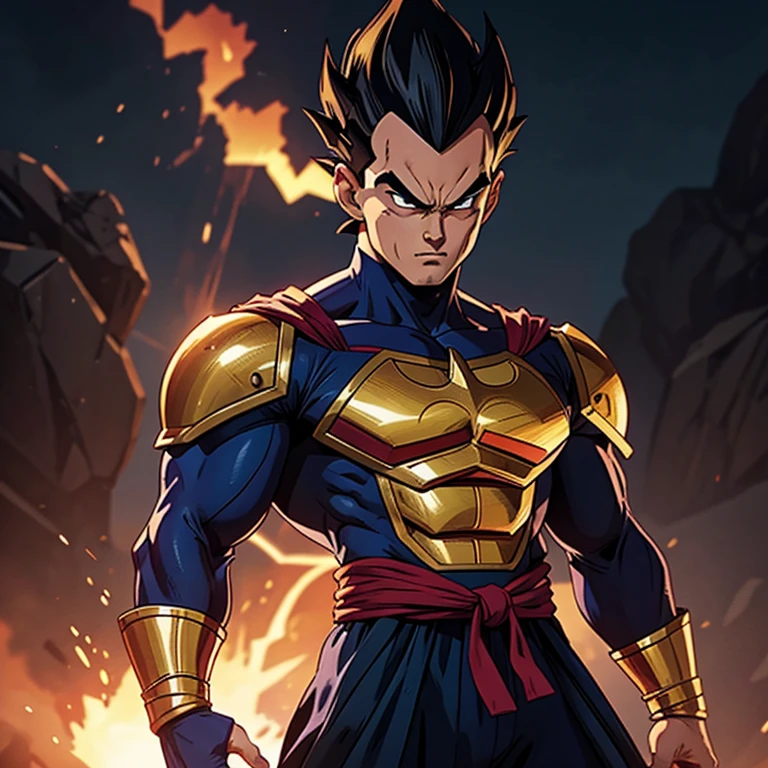 Vegeta, the legendary Saiyan warrior, dons an unexpected ensemble – the Batman suit embellished with red gold armor. With his muscular build and fierce determination unchanged, this fusion of iconic characters promises an intriguing juxtaposition. The dark suit contrasts starkly against Goku's orange gi, while the golden armor adds an regal aura to his presence. Despite this new look, the intensity in his piercing gaze remains undeterred, leaving us pondering what new adventures await our hero.
