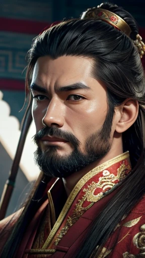 oriental、man in ancient chinese clothes、ancient chinese hairstyle man、three kingdom、multiple warlords、highest quality、masterpiece、ultra high resolution、(realistic:1.4)、game poster、Clear and beautiful image quality、Red clothes、long beard、A cylindrical crown was placed on the head.、