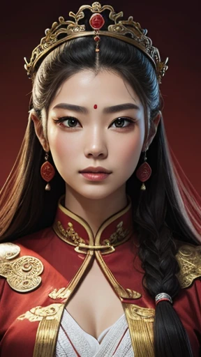 oriental、man in ancient chinese clothes、ancient chinese hairstyle man、three kingdom、multiple warlords、highest quality、masterpiece、ultra high resolution、(realistic:1.4)、game poster、Clear and beautiful image quality、Red clothes、long beard、A cylindrical crown was placed on the head.、