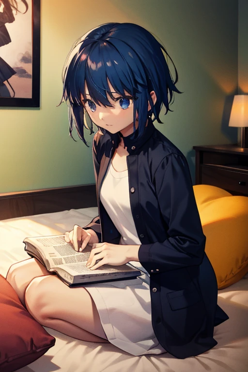 A petite black haired woman with orange eyes is reading a manga on a bed