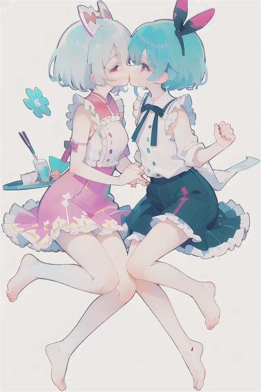 Two girls ram and rem,(2girls:1.1),(holding hands:1.1),(kiss on the lips:1.1),Ejaculate,Lots of Semen,Whole body,loli,Apply the milky white liquid that comes out of your breasts to your face,Too cute,sweet,shy,Transparent pink garter stockings,whole body,barefoot,lace,pastel colors,Soft contrast,fair skin,The skin is delicate and shiny