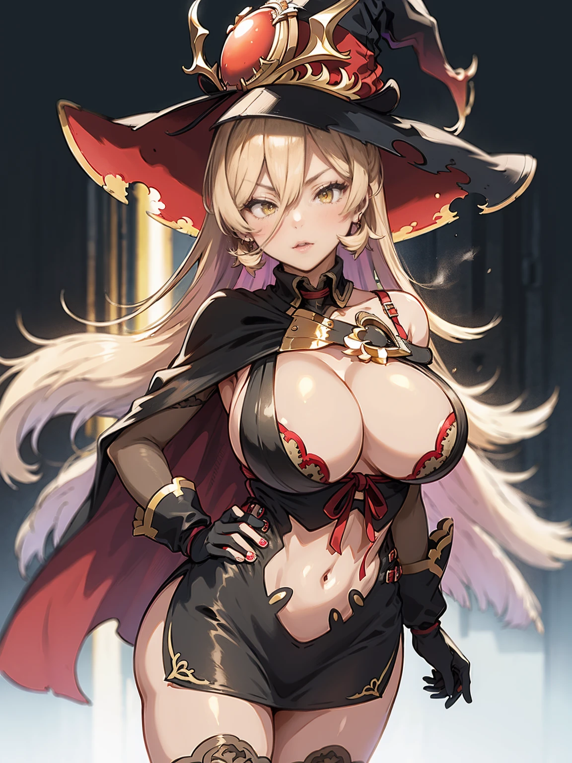 masterpiece, highest quality, disorganized, perfect anatomy, 1 girl, alone, Are standing, cowboy shot, Neuy Socière, black dress, black gloves, black tig high, bra peek, cape, cleavage, clavicle, clothing clippings, elbow bag, witch hat, navel cutout, ribbon, side slit,I can see the nipples,big breasts,((saggy breasts)),((white background)),big breasts,Quite a troubled face,((whole body from head to toe)),((reveal clothing))