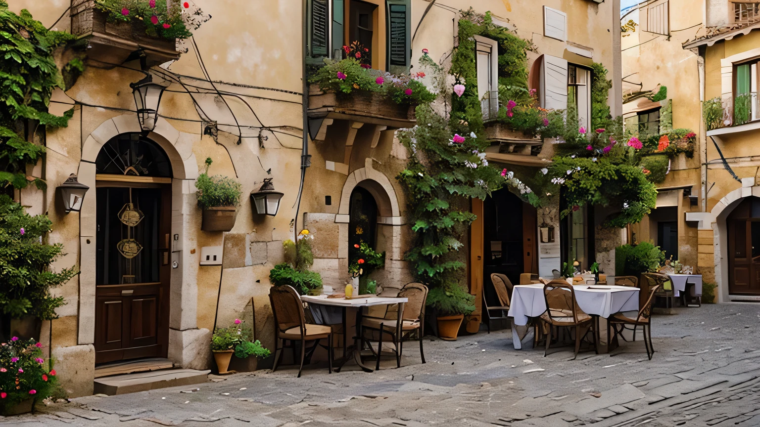 charming italian village,Featuring cobblestone streets, on a beautiful summer afternoon,The windows of the house are filled with beautiful flowers, fountain, dining room, bread shops and church with Happy people, Happy people, Tables and chairs on the street