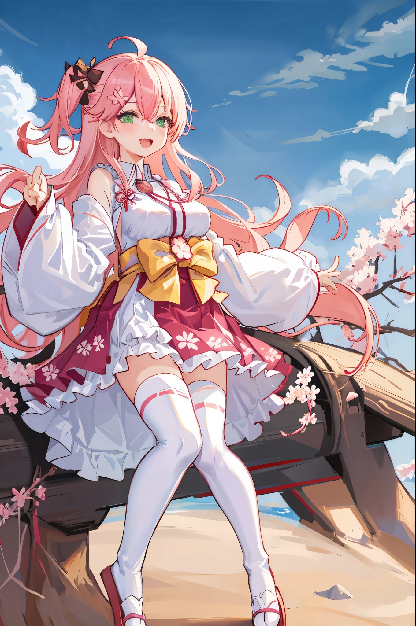masterpiece, best quality, highres, sakura_miko, 1girl, (loli:1.3),medium_breasts, kimono, solo, ahoge, x_hair_ornament, pink_hair, floral print, hairclip,(side_less_clothes:1.3), (side_breasts:1.3), hair_bell, floral print, long_hair, hair between eyes, one side up, white_thighhighs, wide sleeves, open_mouth,(happy:1.3),green_eyes,smile,apart_legs,(overly_long_sleeves:1.3),),sleeves_past_wrists,hands_hidden_sleeves,sidelock_clothes,solo,hidden_wrists,(XD:1.5),covered_nipples,sunlight,(bare_flank:1.3),boots,open_mouth,kimono,close_eyes,.