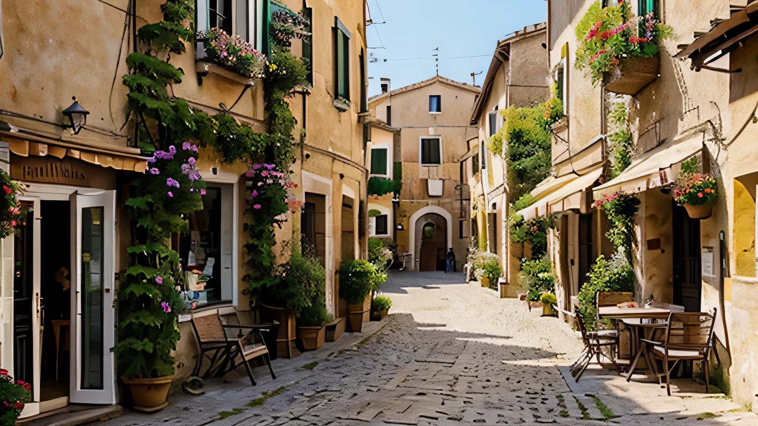 charming italian village，Featuring cobblestone streets, on a beautiful summer afternoon，The windows of the house are filled with beautiful flowers, fountain, dining room, bread shops and church with Happy people, Happy people, Tables and chairs on the street