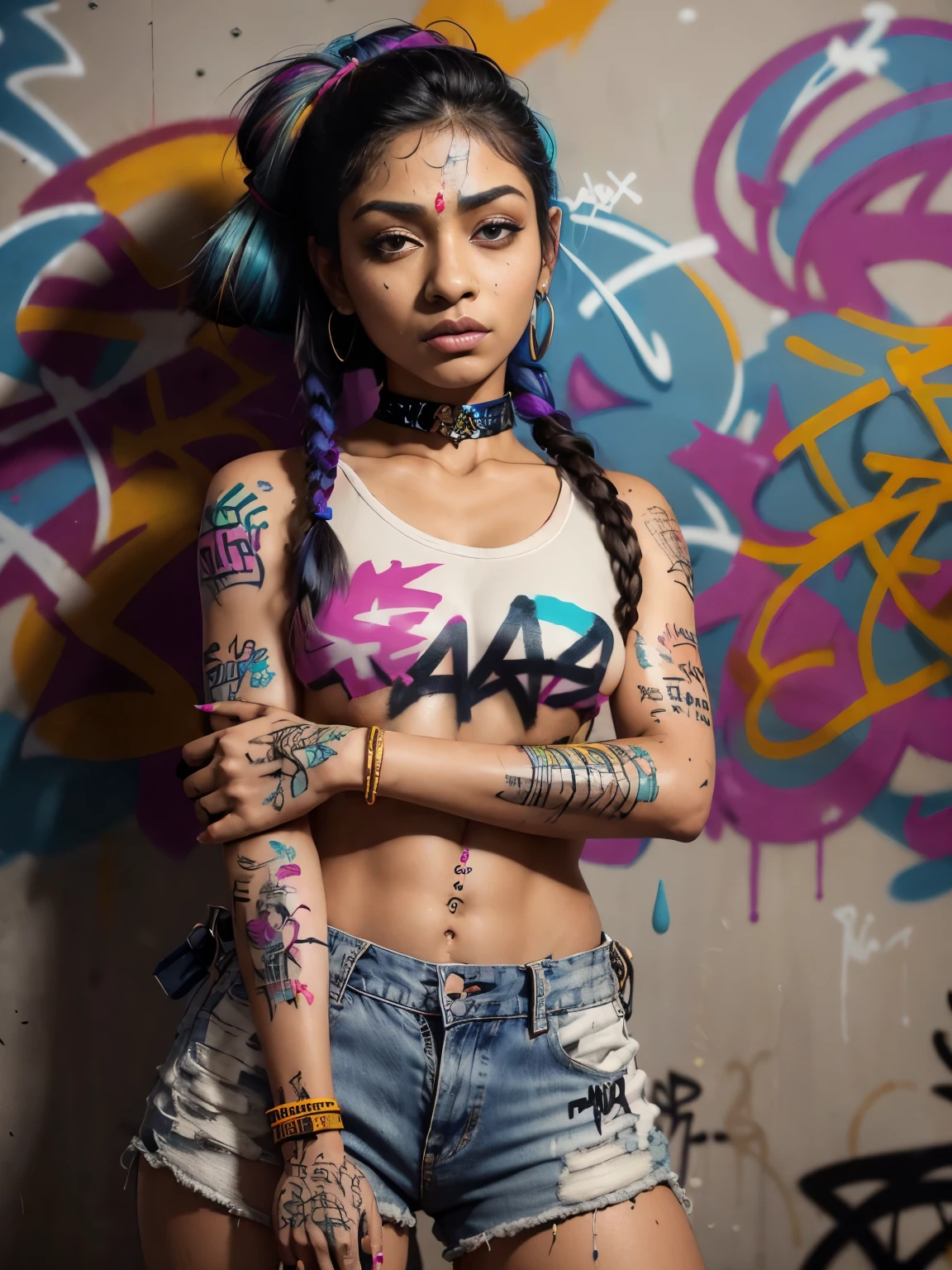 masterpiece, best quality, 1 indian girl, solo, full sleeve blouse, denim shorts, choker, (graffiti:1.5), paint splatter, arms behind back, against wall, looking at viewer, armband, thigh strap, paint on body, head tilt, bored, multicolored braid hair, aqua eyes, headset,