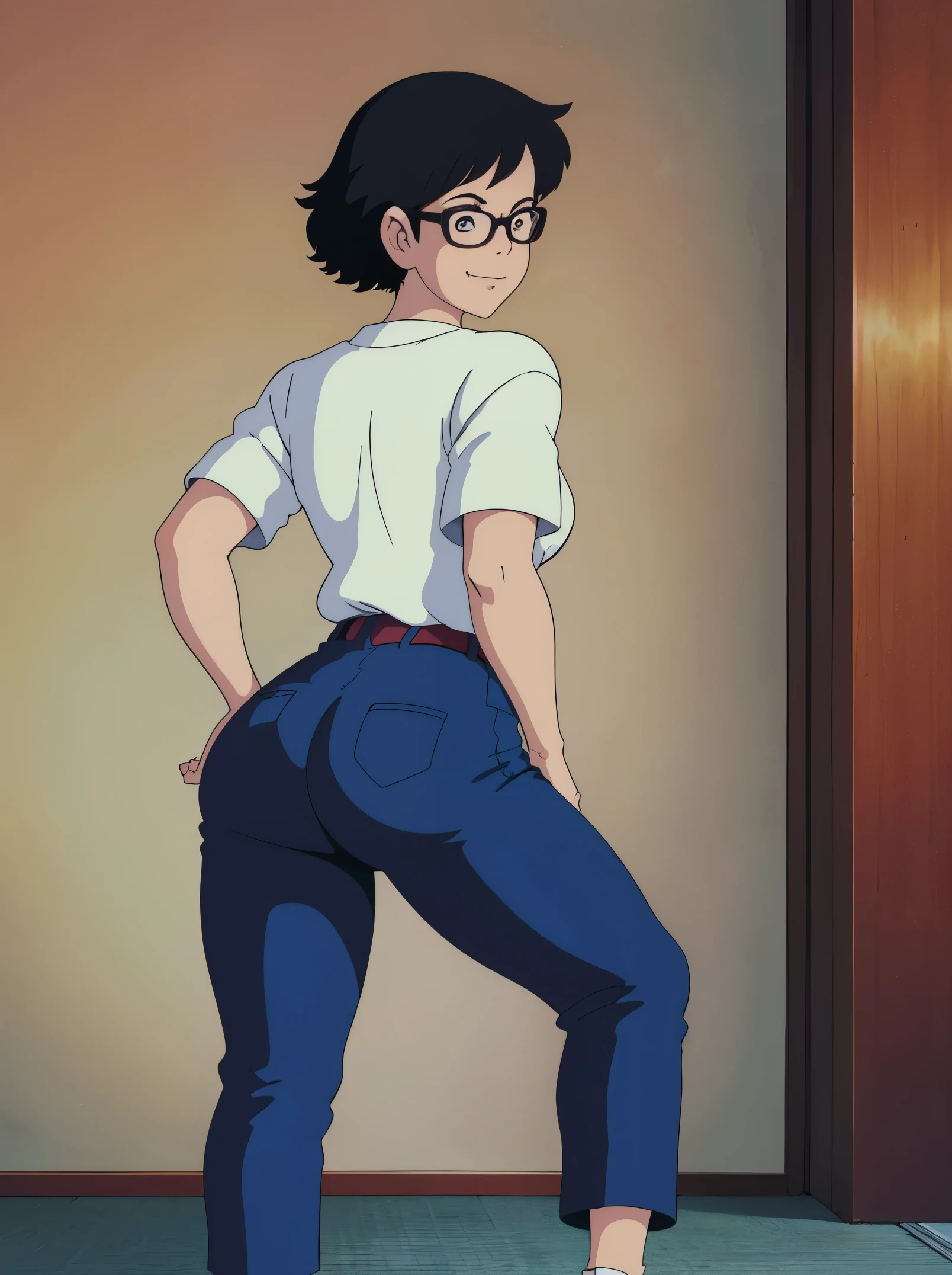 Female, white skin, black hair, medium hair, shirt, seiko-cut chan, medium breasts, tight pants, short socks, shoes, Wallpaper, 1980’s, nerd girl, fit, slim figur, looking back, back of view, smirking, nice butt,