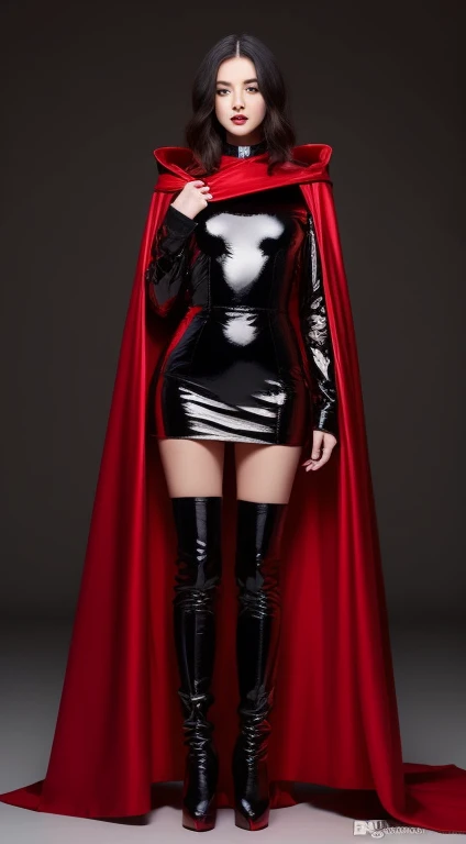 asian beauty,be realistic,red sequin dress,A super long and wide black satin vampire cloak that wraps around the body,cape,with a red satin bat_style collar that reaches to the back of the head.,collar is very high,hood,Black thighhigh boots with stiletto heels, standing,frontage,full body image