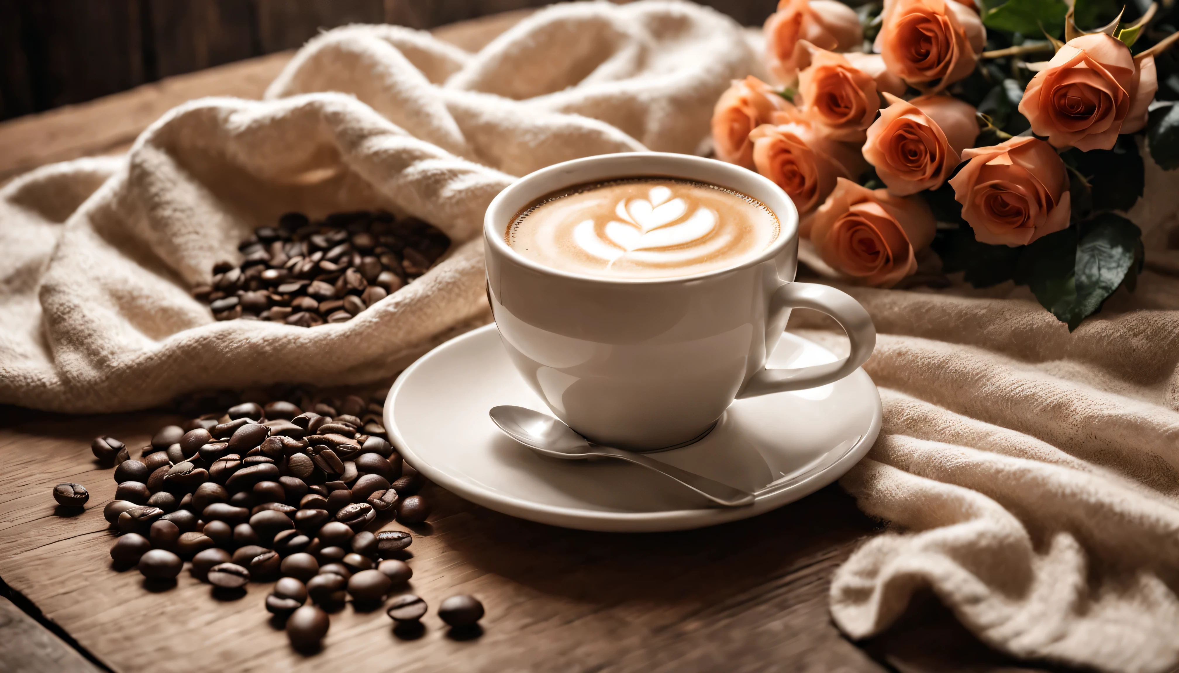 Coffee beans in sacks scattered on wooden table, White ceramic cup of latte coffee,Smoky.white sweater(The texture is clear,Wrinkles placed randomly)..(leave a big blank).A bouquet of multi-colored roses flat lay(Place flat on the table)..modern style.Fresh coffee beans on a long wooden bench spread on the wood next to it.core and texture. Freshness and flavor.super detailed.(Super quality,super detailed,super complex,extremely complex)Soft and natural light and shadow..no humans.super wide angle, (Detailed texture),Background covered with film grain, natural soft light,(morning view.Warm light and shadow in the morning)Ray tracing, Vignetting, Wide-angle lens, super wide angle, best quality