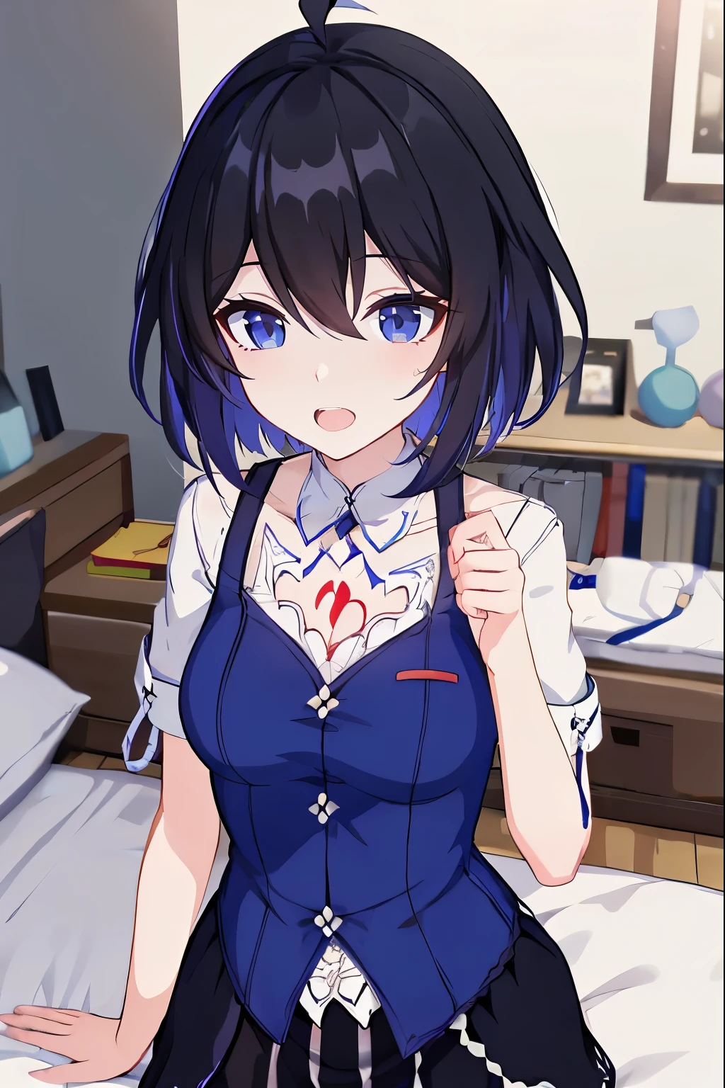 1 girl, best quality, ultra high res, ahoge, Seele Vollerei, medium breast, smile, small body, open mouth, azure clothes, short sleeves, bedroom, white bed sheets, pov, chest  tattoo, upper body, looking at viewers, looking you, blue eyes, black hair, blue hair, perfect detailed, 