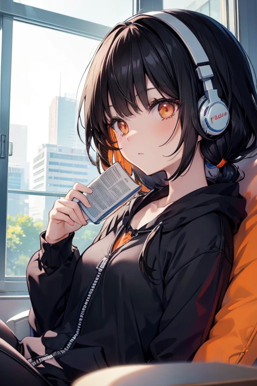 A petite black haired woman with orange eyes is reading a manga with headphones on.
