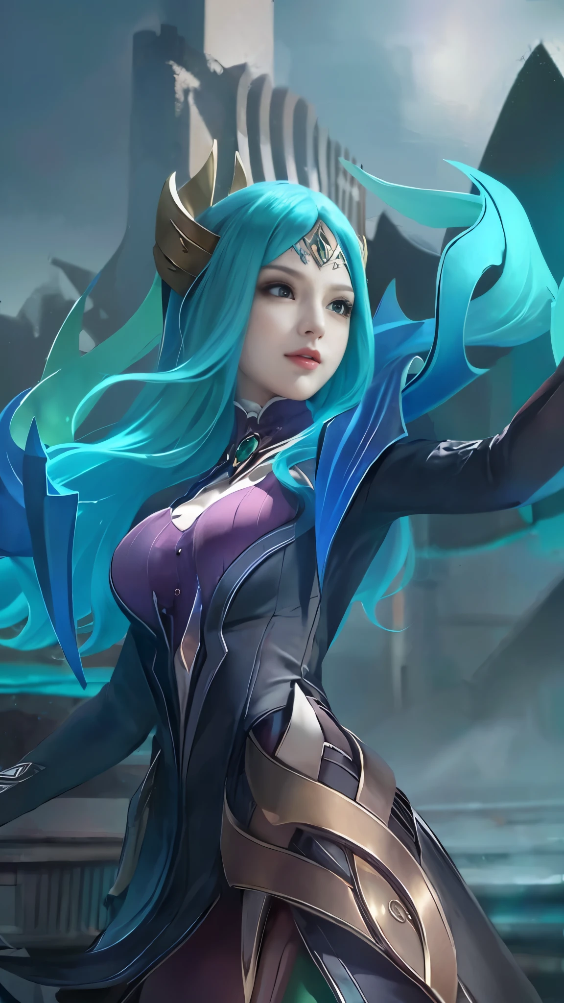 Masterpiece, best picture quality, high quality, beautiful woman, Japanese, popular Korean makeup, detailed, swollen eyes, detailed eyes, detailed skin, beautiful skin, ultra high resolution, (reality: 1.4),very beautiful, slightly younger face, beautiful skin, slender, (ultra realistic), (illustration), (high resolution), (8K), (very detailed) (best illustration), (beautifully detailed eyes), (super detailed), (wallpaper), (detailed face), looking at viewer, fine details, detailed face, pureerosfaceace_v1, smiling, looking straight ahead, looking straight ahead, angle from waist up, realistic photo, bright lighting, professional lighting, black hair (some of hair part green), long hair, dark ruins, big red moon, gorgeous red and black dress, mature woman, long stylish bangs,
