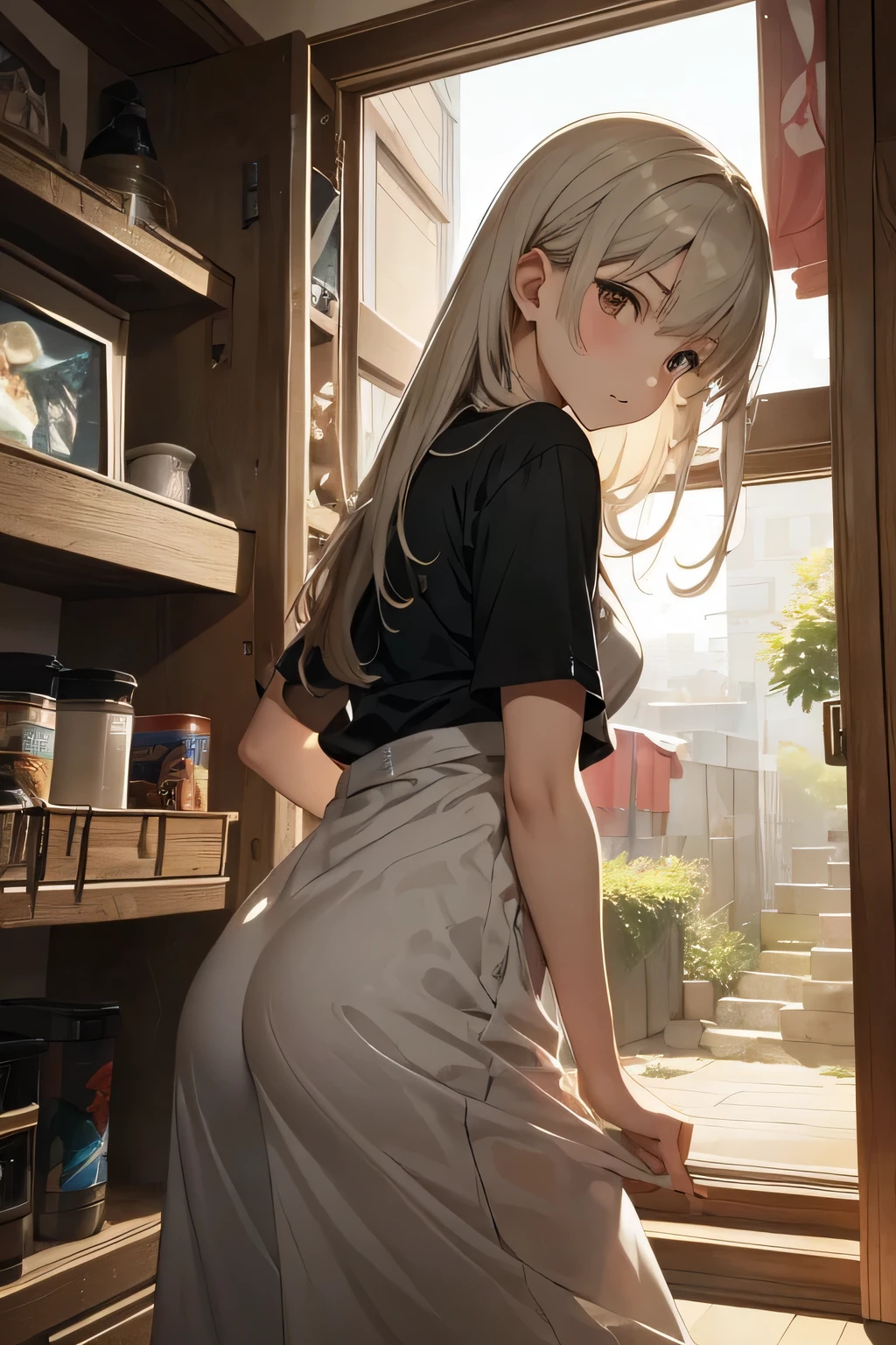 A girl with silver hair in a ponytail、golden eyes、18 year old girl、cute face、has cat-like ears、has a tail like a cat、nude、Grab your buttocks and spread them、View from directly below、A large amount of honey is dripping from the butt hole、squatting on the table、A brown clay stick is lying on the table