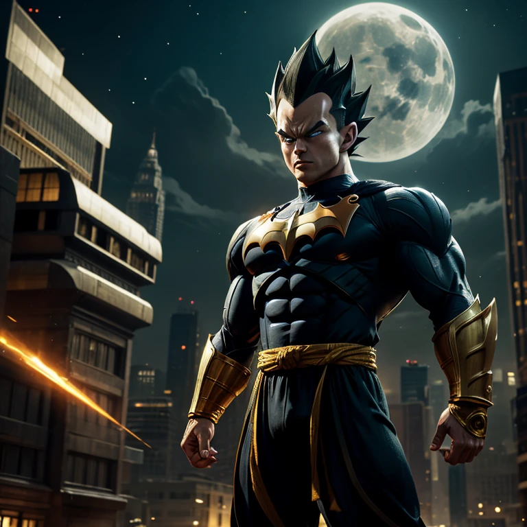 Vegeta, the legendary Saiyan warrior, dons an unexpected ensemble – the Batman suit embellished with golden armor. With his muscular build and fierce determination unchanged, this fusion of iconic characters promises an intriguing juxtaposition. The dark suit contrasts starkly against Goku's orange gi, while the golden armor adds an regal aura to his presence. Despite this new look, the intensity in his piercing gaze remains undeterred, leaving us pondering what new adventures await our hero.