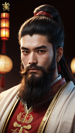 oriental、man in ancient chinese clothes、ancient chinese hairstyle man、three kingdom、multiple warlords、highest quality、masterpiece、ultra high resolution、(realistic:1.4)、game poster、Clear and beautiful image quality、Red clothes、long beard、I wrapped a cloth around my topknot.、
