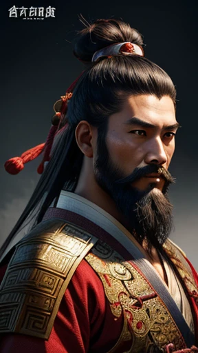 oriental、man in ancient chinese clothes、ancient chinese hairstyle man、three kingdom、multiple warlords、highest quality、masterpiece、ultra high resolution、(realistic:1.4)、game poster、Clear and beautiful image quality、Red clothes、long beard、I wrapped a cloth around my topknot.、