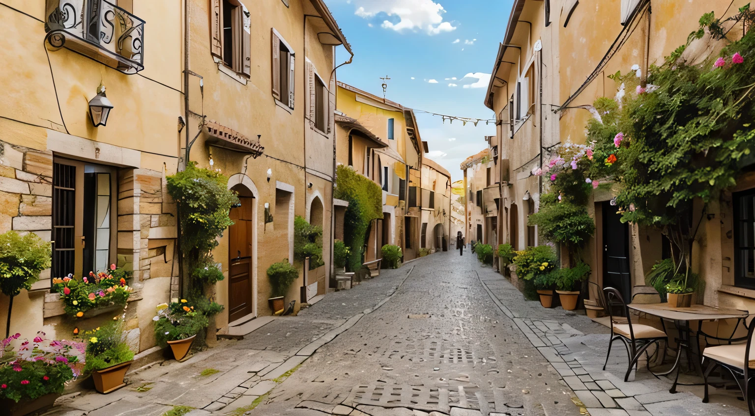 charming italian village,Featuring cobblestone streets, on a beautiful summer afternoon,The windows of the house are filled with beautiful flowers, fountain, lake medium, dining room, bread shops and church with Happy people, Happy people, Tables and chairs on the street