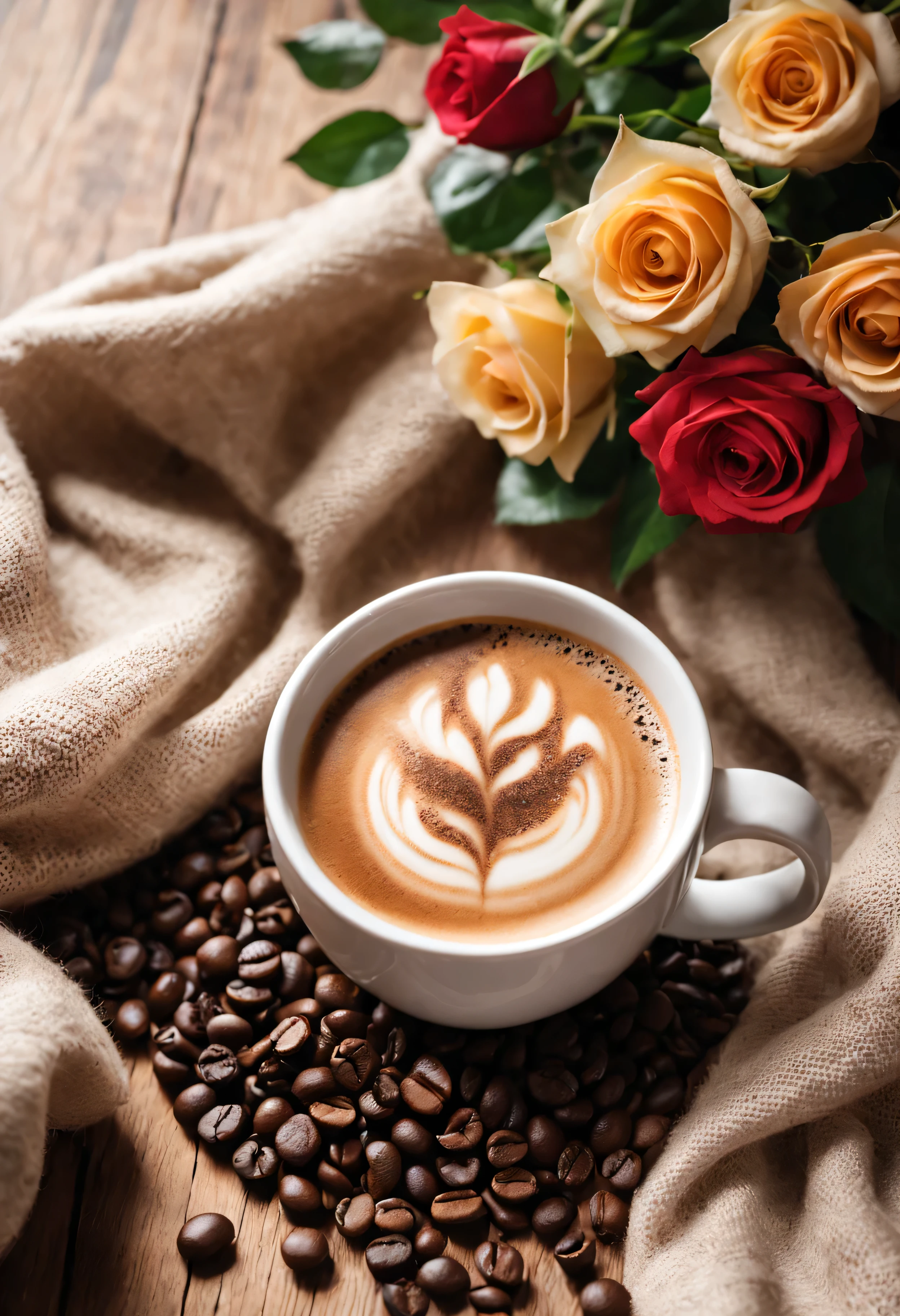 Coffee beans in sacks scattered on wooden table, White ceramic cup of latte coffee,Smoky.white sweater(The texture is clear,Wrinkles placed randomly)..(leaving a huge gap in all directions).A bouquet of multi-colored roses flat lay(Place flat on the table)..modern style.Fresh coffee beans on a long wooden bench spread on the wood next to it.core and texture. Freshness and flavor.super detailed.(Super quality,super detailed,super complex,extremely complex)Soft and natural light and shadow..no humans.super wide angle, (Detailed texture),Background covered with film grain, natural soft light,(morning view.Warm light and shadow in the morning)Ray tracing, Vignetting, Wide-angle lens, super wide angle, best quality