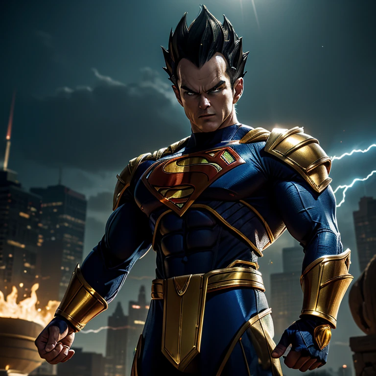 Vegeta, the legendary Saiyan warrior, dons an unexpected ensemble – the Superman suit embellished with golden armor. With his muscular build and fierce determination unchanged, this fusion of iconic characters promises an intriguing juxtaposition. The dark suit contrasts starkly against Goku's orange gi, while the golden armor adds an regal aura to his presence. Despite this new look, the intensity in his piercing gaze remains undeterred, leaving us pondering what new adventures await our hero.
