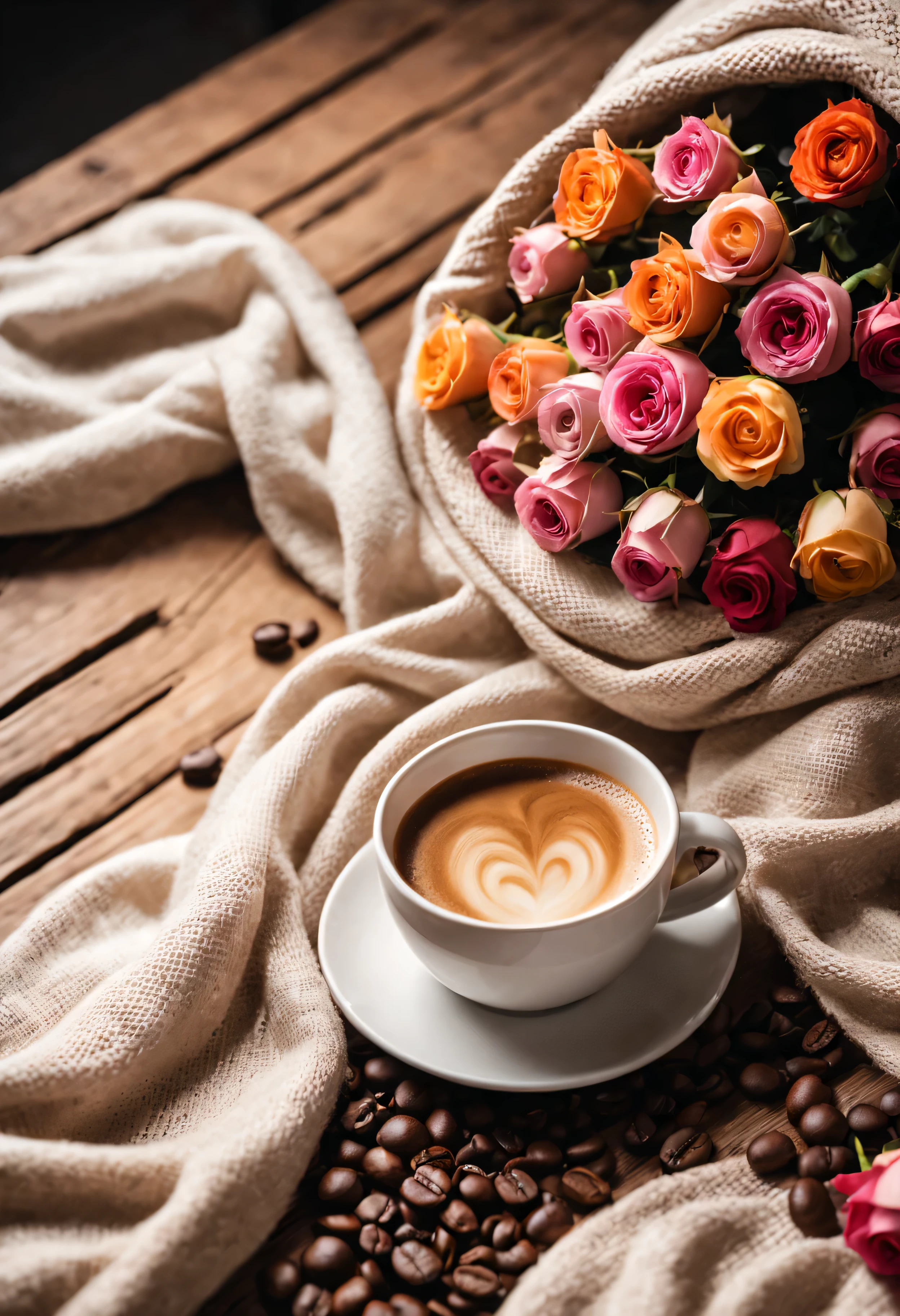 Coffee beans in sacks scattered on wooden table, White ceramic cup of latte coffee,Smoky.white sweater(The texture is clear,Wrinkles placed randomly)..(leaving a huge gap in all directions).A bouquet of multi-colored roses flat lay(Place flat on the table)..modern style.Fresh coffee beans on a long wooden bench spread on the wood next to it.core and texture. Freshness and flavor.super detailed.(Super quality,super detailed,super complex,extremely complex)Soft and natural light and shadow..no humans.super wide angle, (Detailed texture),Background covered with film grain, natural soft light,(morning view.Warm light and shadow in the morning)Ray tracing, Vignetting, Wide-angle lens, super wide angle, best quality