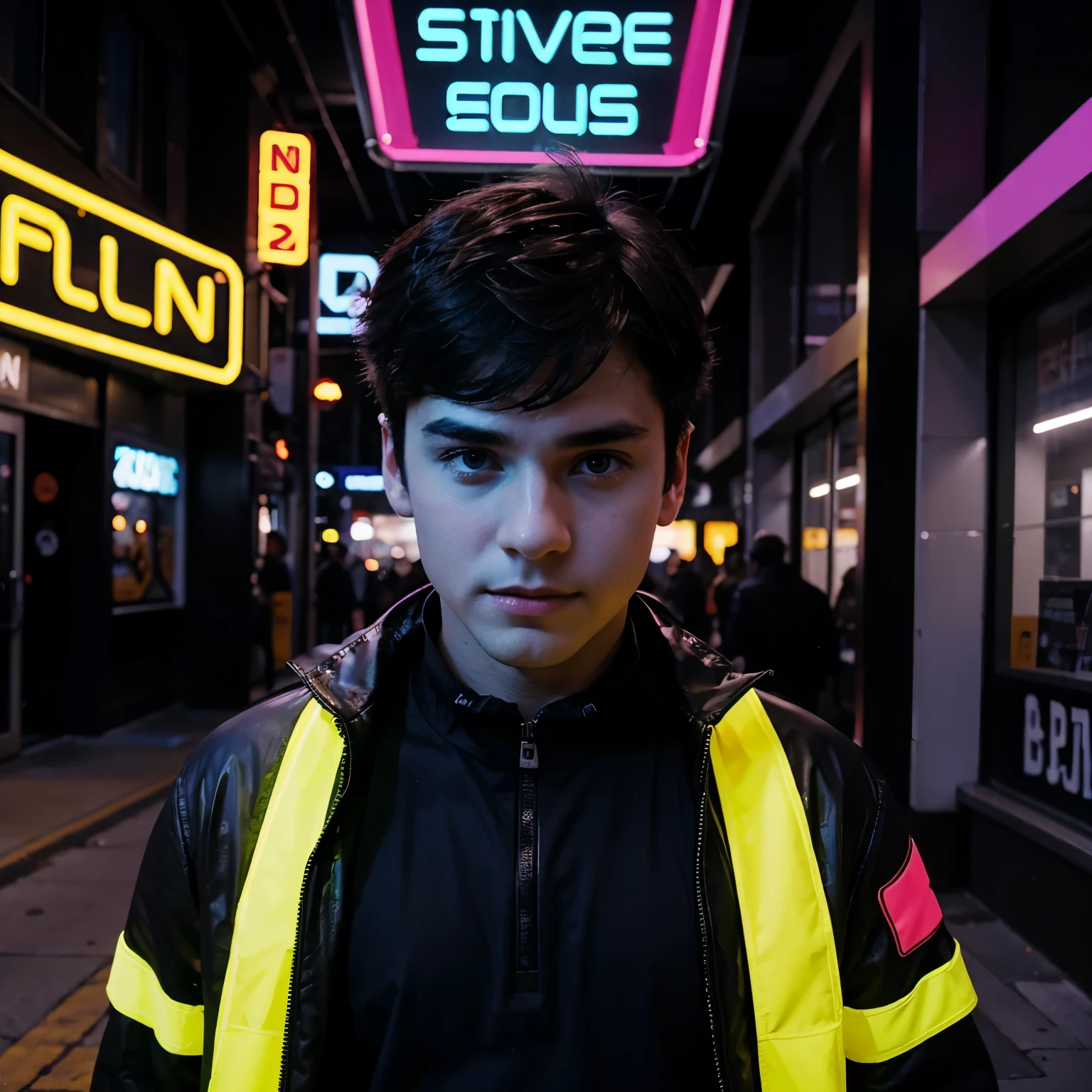 Create a Neon poster with a boy dressed as a futurist
