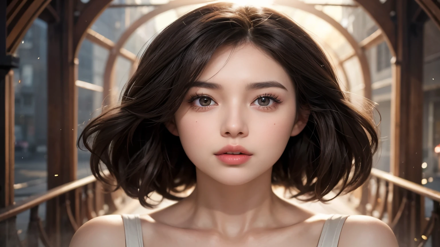 A beautiful woman with dark brown hair. Beautiful double eyes. The bridge of my nose. Well-shaped lips. Mid twenties. The woman looks surprised. A portal connecting to another dimension opens behind the woman.