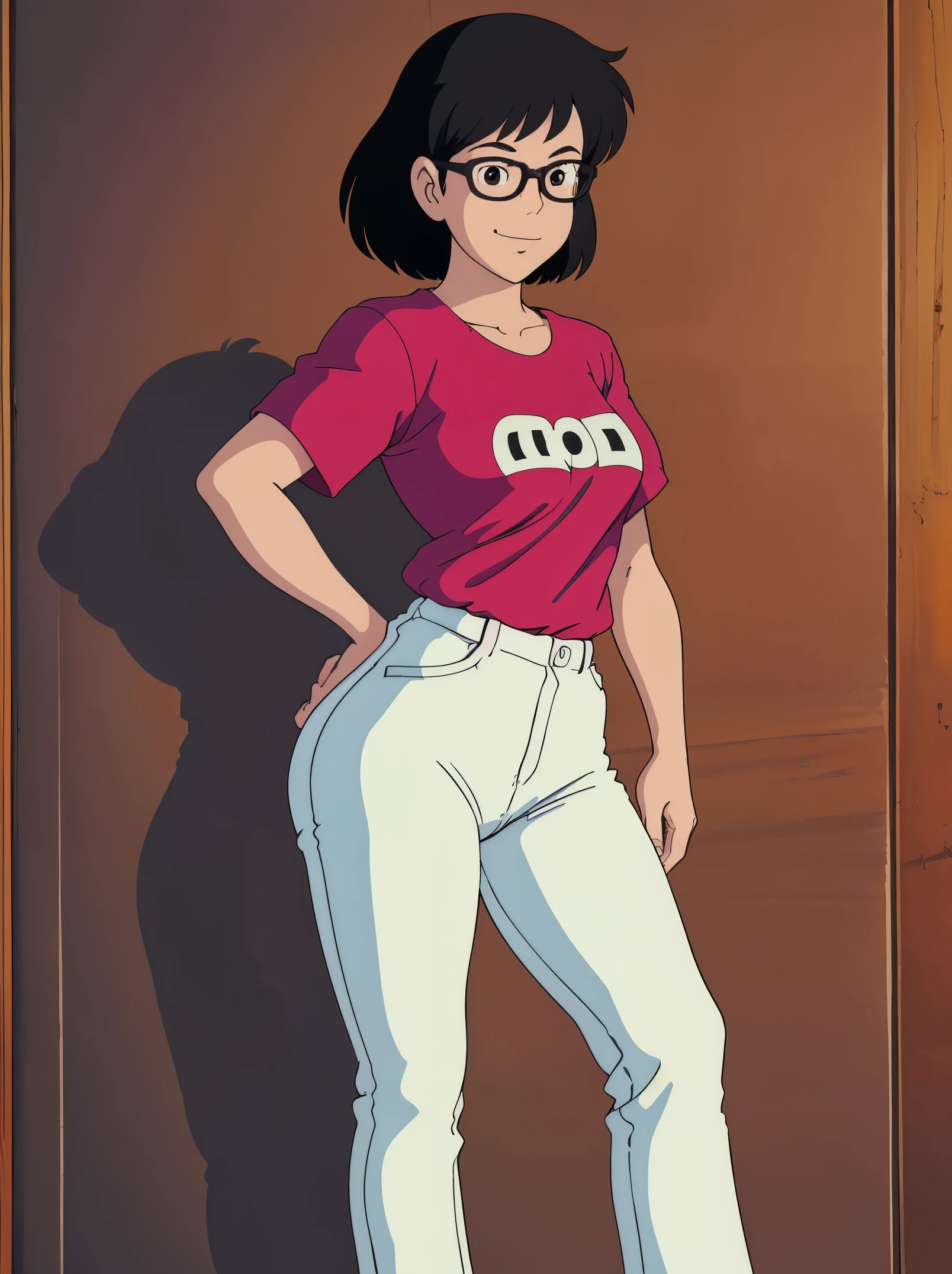 Female, white skin, black hair, medium hair, brown eyes, T-shirt, seiko-cut chan, medium breasts, tight pants, short socks, shoes, Wallpaper, 1980’s, nerd girl, fit, slim figure, looking back, back of view, smirking, nice butt, standing straight