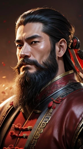 oriental、man in ancient chinese clothes、ancient chinese hairstyle man、three kingdom、multiple warlords、highest quality、masterpiece、ultra high resolution、(realistic:1.4)、game poster、Clear and beautiful image quality、Red clothes、long beard、wrapped in leather、