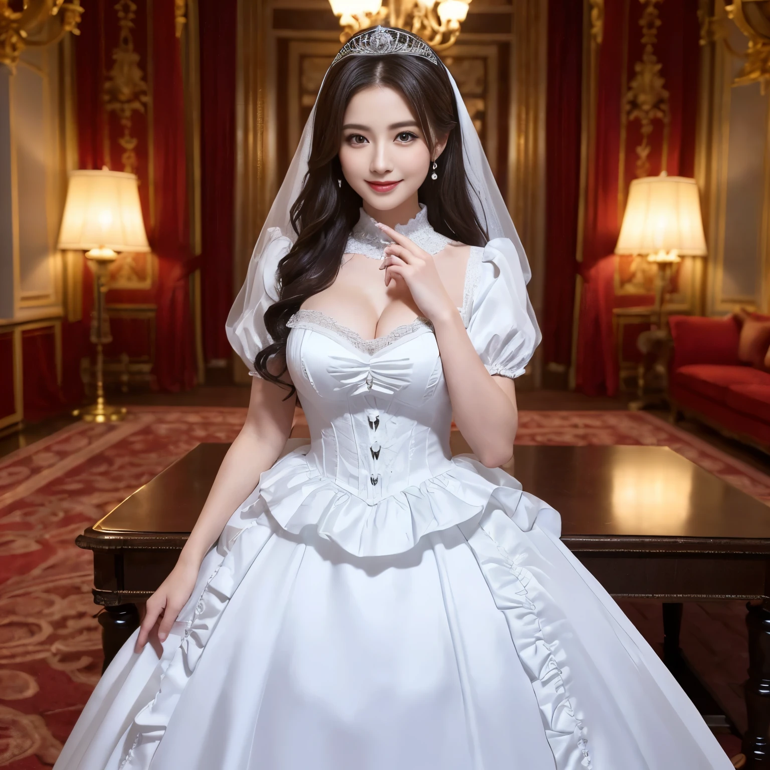 ((masterpiece、highest quality、Award-winning work、8K、ultra high resolution))、(Beautiful and finest royal bride maid princess))、((the most gorgeous wedding maid、finest bride maid、The finest bride maid princess、gorgeous victorian maid dress、The finest and luxurious ruffled black and white maid princess costume、luxurious long skirt, gorgeous victorian maid costume,gorgeous princess maid dress))、((Against the backdrop of the most luxurious and luxurious European castle exteriors、The most luxurious and finest castle、elegant posture、fold your hands in front of your belly button、accurate anatomy、The most luxurious and finest castle))、(emphasize body line、Big breasts that are about to burst、the best smile when you look at me)、pregnancy