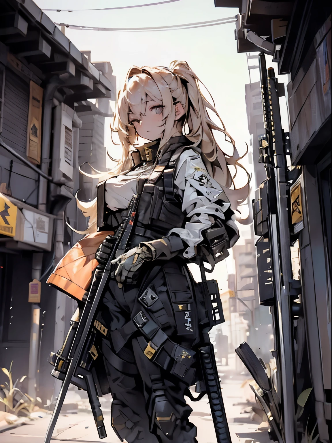 {{Masterpiece, top quality, highly detailed CG, unified 8k wallpaper, movie lighting, lens flare}}, 1 girl holding a rifle through the wall, wide view, thick body, long blonde hair soaring in the wind, green eyes, (holding a weapon, holding a rifle, aiming, aiming: 1.4), gun, h&k hk416, carbine, open fire, rubble, ruins of conflict areas, plumes, nitric smoke, blast waves, Flying bullets, sniper, 35mm, f/1.8, night