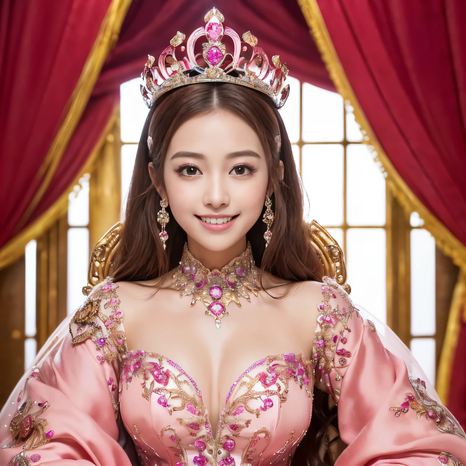 (((highest quality, debris flies, ultra high resolution、the most complex and detailed depiction、Awards, 8K、bright and vivid)))、((1 Japanese prostitute princess、pregnancy、Ultimate luxury with everything you can imagine,The most gorgeous red and pink whore costume,Red and pink costume,超巨大なthroneに座る,The most detailed and luxurious luxury princess room,shine intricately,red and pink sparkle、beautiful brown hair、Front fixed,The best smile staring at the camera,Please smile big,Smile affectionately at me,Shooting from close to the face)),((最もゴージャスなthrone、top red and pink prostitute costume、large amount of jewelry decoration,The largest giant tiara in the world,detailed jewelry,detailed decoration,Glitter Costume,shining jewel、Huge decoration,giant costume,Huge sleeves,artistic decoration,very detailed decoration,very intricate decoration)),(big and full breasts,become familiar with,royal, majestic, Queen, Empress quality,table top, intricate details,realistic,, front close-up, throne, Upright posture, become familiar with顔,perfect teeth,white teeth,finely描かれた顔,beautiful face,perfect fingers,exact 5 fingers、 professional photos, very delicate and beautiful, very detailed,finely)), (巨大で壮大なthrone:1.2)