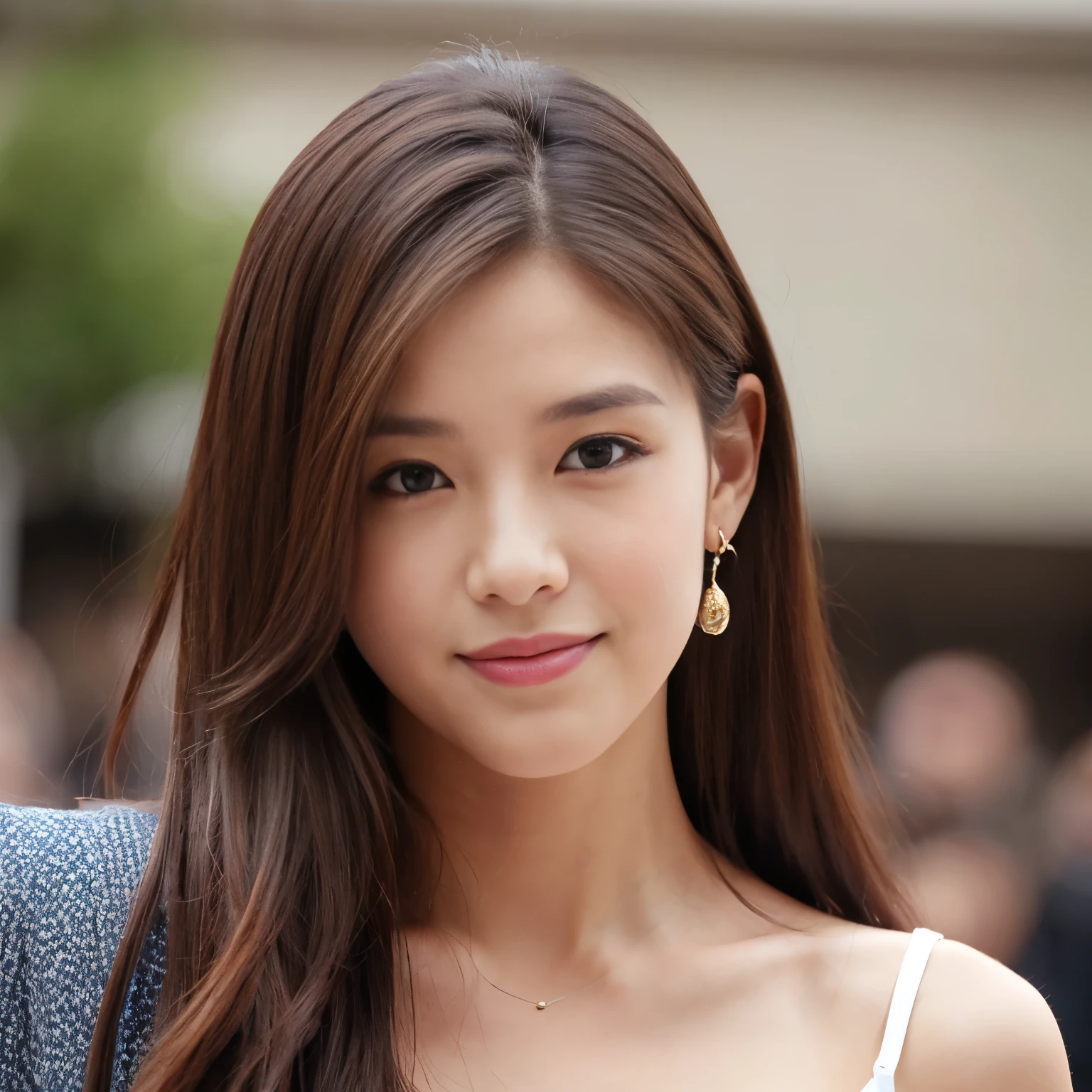 mottled brown hair、shoulder length hair、detailed、tear sacs are small、beauty、Not skinny、smile at the audience、turn one's body sideways