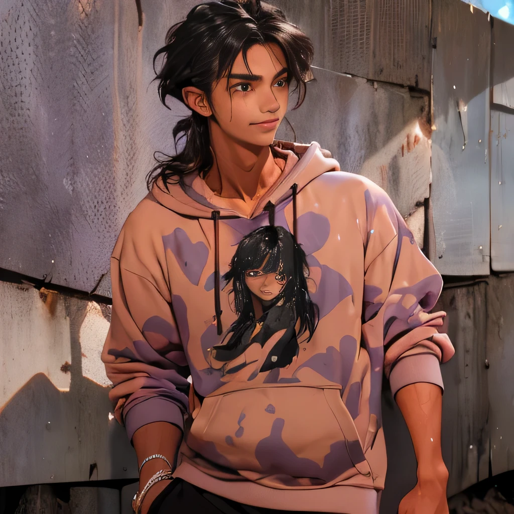 Man in hoodie standing in front of rusty wall, fluffy long hair, disheveled bangs,tanned skin, lilac eyes, soft, expressive eyes, bright smile, veins in arms and hands, sweaty skin, a handsome man, slim figure,Impressionism, Cinema lighting, ultra high definition, masterpiece, high detail