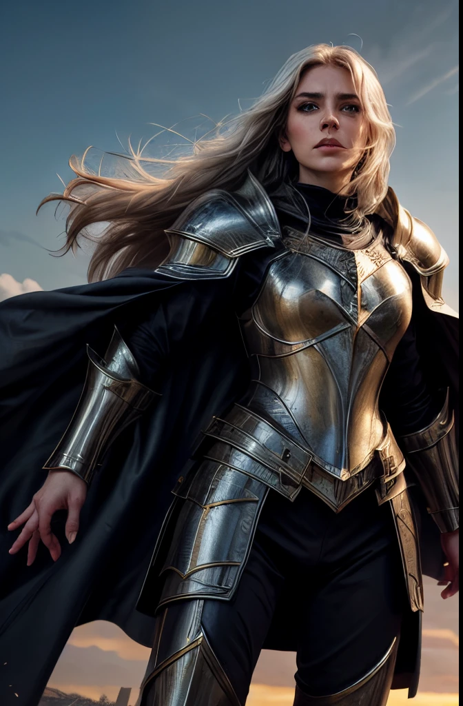 full body portrait of a beautiful female paladin, heroic pose, long floating white hair, dark eyebrows, dark makeup, ages 35, low neck, white and gold plate armor, medieval armor, floating cape, plate pants, strong face, detailed eyes, bright blue eyes, positive but serious attitude