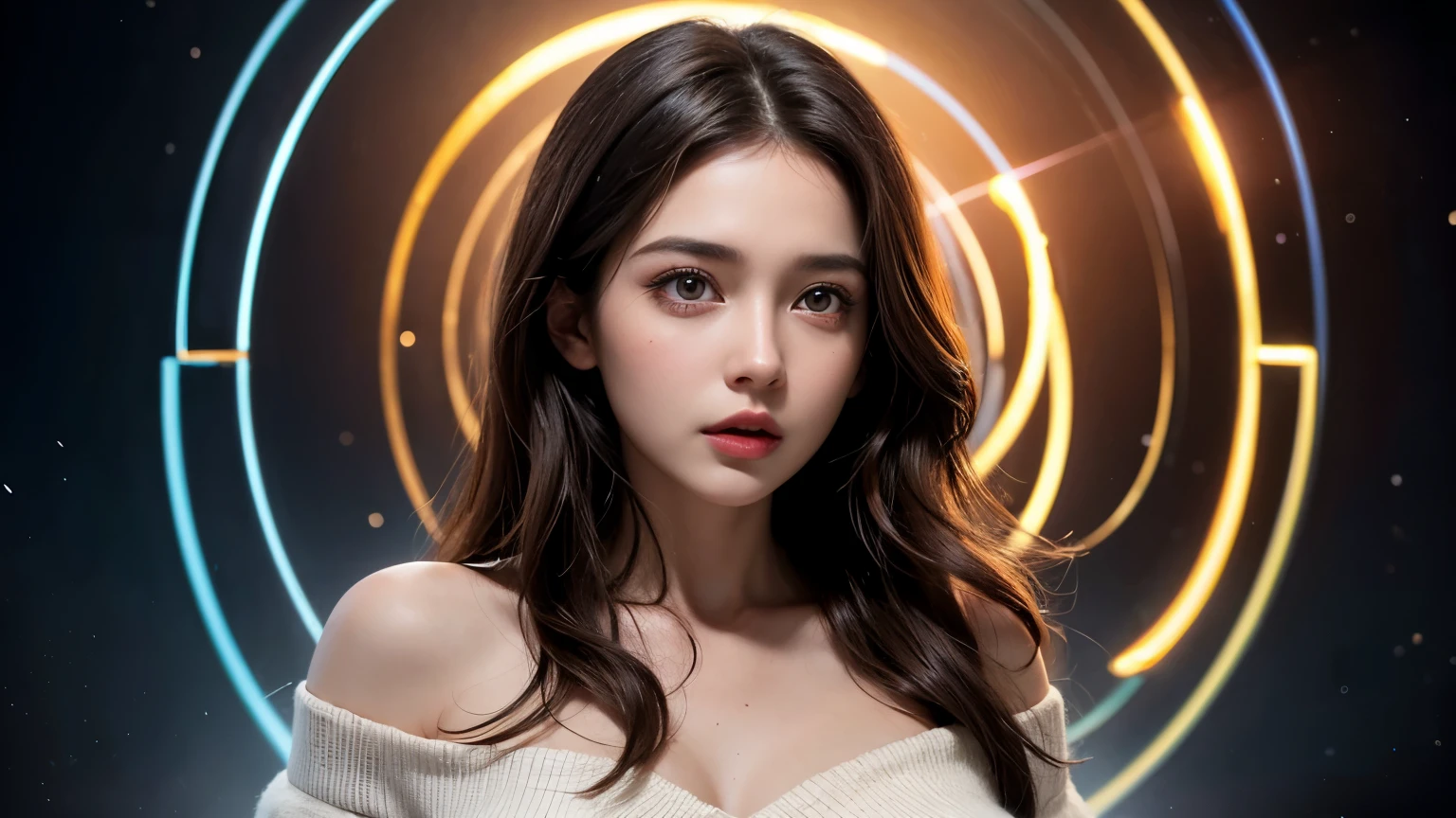 A beautiful woman with dark brown hair. Beautiful double eyes. The bridge of my nose. Well-shaped lips. Mid twenties. The woman looks surprised. A portal connecting to another dimension opens behind the woman.