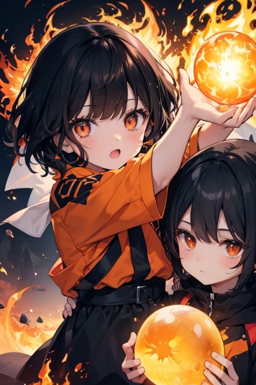 A petite black haired woman with orange eyes is showing a child a ball of flames