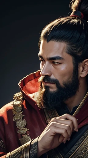 oriental、man in ancient chinese clothes、ancient chinese hairstyle man、three kingdom、multiple warlords、highest quality、masterpiece、ultra high resolution、(realistic:1.4)、game poster、Clear and beautiful image quality、Red clothes、long beard、embroidered cloth wrapped around the topknot、