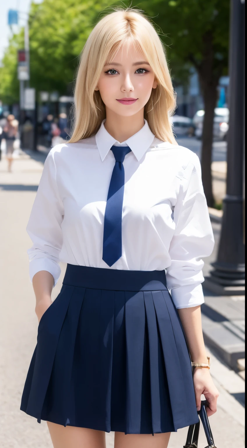 ​masterpiece、top-quality、8K、(gyaru jk:1.1)、(Fancy makeup:1.1)、Beautiful expression、A slight smile、Beautiful lips、(white  shirt、stripe tie、Dark blue skirt)、real looking skin、Beautiful legs、(Bright blonde hair、length hair:1.2)、(skin tanned:1.5)、cute little、(Beautiful blue eyes)、Plump、Detailed landscapes、Bustling street, standing, full body