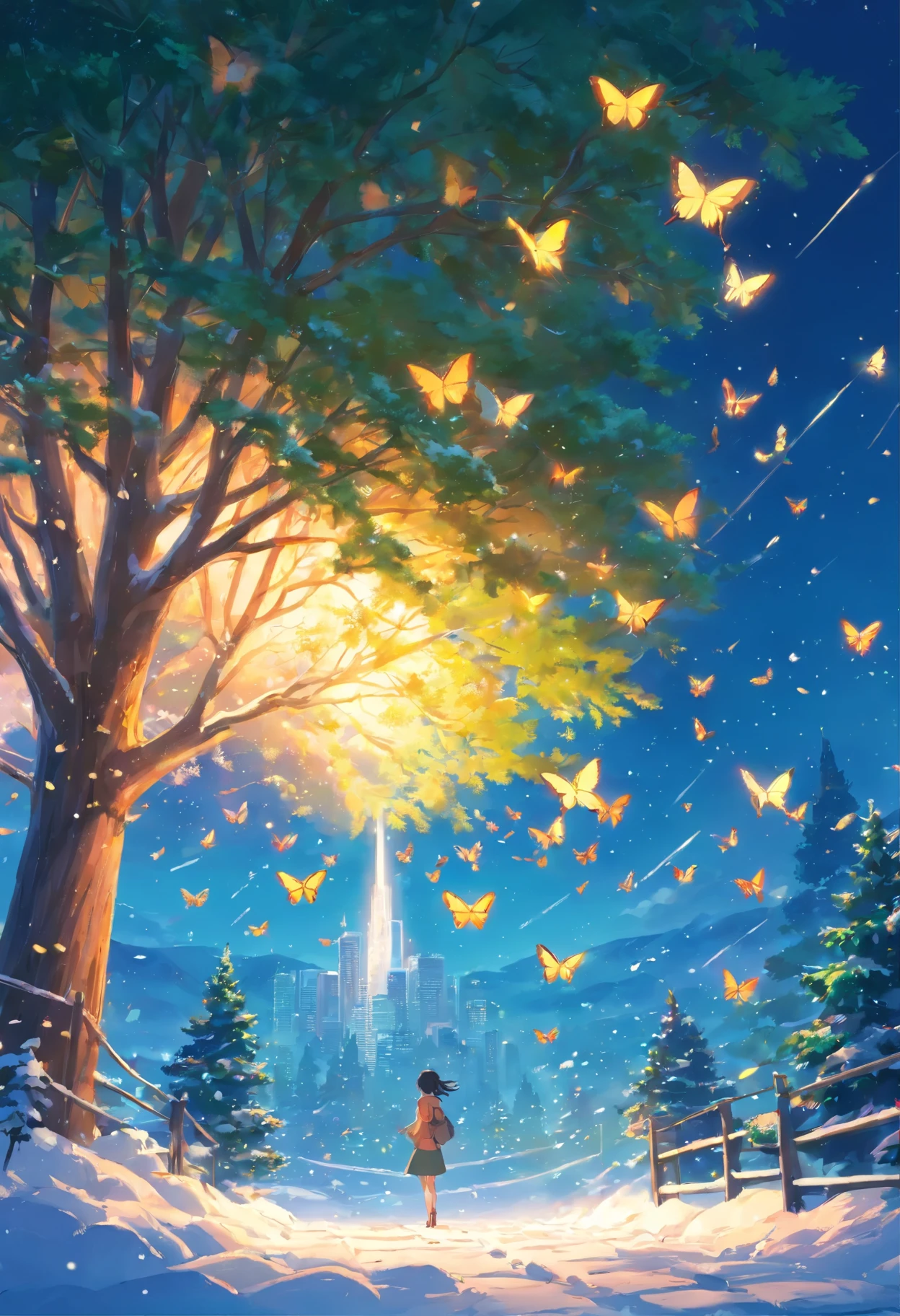 there are many butterflies flying around a Christmas tree in the snow, Fantasy winter scene, Glowing butterflies, beautiful iphone wallpaper, Christmas tree, holiday season, Butterflies and sunrays, beautiful wallpaper, The Magic Tree, wallpaper for mobile phone, The Magic Tree, awesome wallpaper, Snowy Winter Christmas Night, iphone wallpaper, light snowfall, background image, The Magic Scene, Tree covered in moths, The Fantasy Tree, beautiful high resolution