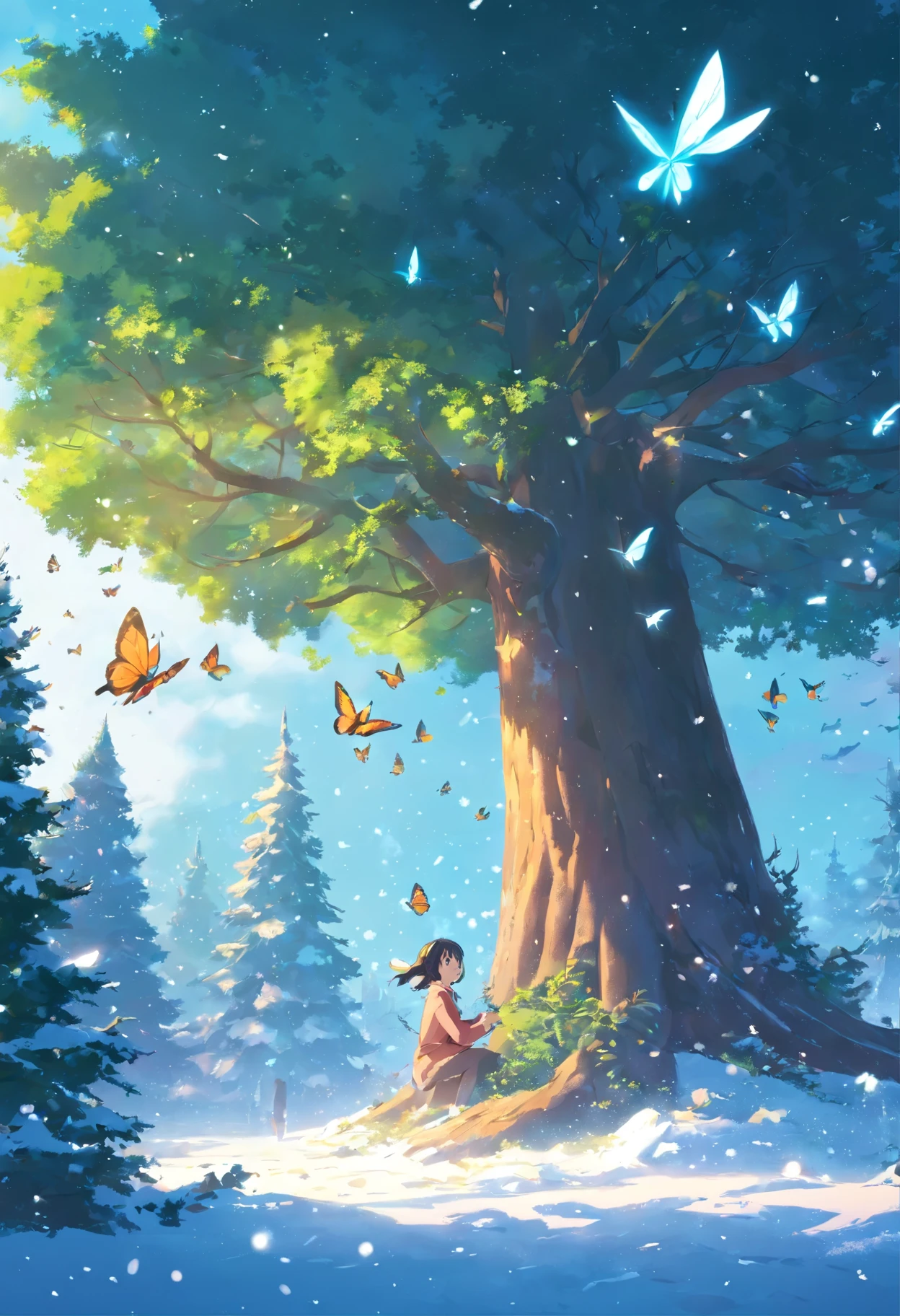 there are many butterflies flying around a Christmas tree in the snow, Fantasy winter scene, Glowing butterflies, beautiful iphone wallpaper, Christmas tree, holiday season, Butterflies and sunrays, beautiful wallpaper, The Magic Tree, wallpaper for mobile phone, The Magic Tree, awesome wallpaper, Snowy Winter Christmas Night, iphone wallpaper, light snowfall, background image, The Magic Scene, Tree covered in moths, The Fantasy Tree, beautiful high resolution