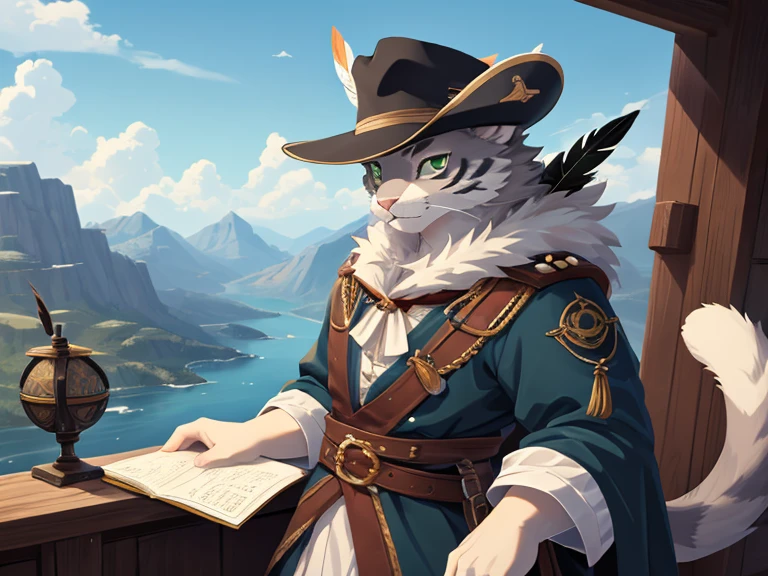 a big feline with gray fur with white details and green eyes, wearing a 17th century costume with a navigator's hat with feathers on top, looking like a corsair, his look and posture are serious 