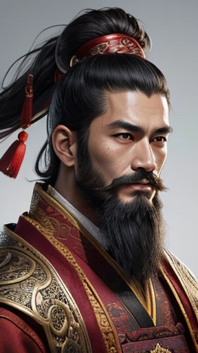 oriental、man in ancient chinese clothes、ancient chinese hairstyle man、three kingdom、multiple warlords、highest quality、masterpiece、ultra high resolution、(realistic:1.4)、game poster、Clear and beautiful image quality、Red clothes、long beard、embroidered cloth wrapped around the topknot、