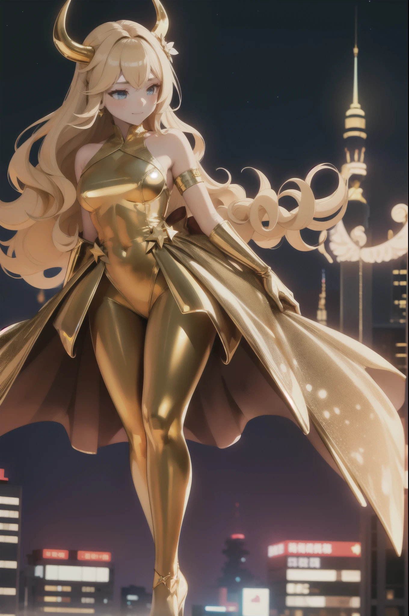 Aerial View，giant girl 50,000 feet high，Weight 1000kg，Has a pair of huge golden angel wings，With huge devil horns on his head，Has waist-length golden hair，loose hair，Big wavy blonde curls，Wearing a pair of gold Mary Jane heels，Gold lace gloves，gold lace pantyhose，Pantyhose with bow and star decorations，金色蕾丝whole body，Standing upright on a small city，Beautiful appearance，Exquisite makeup，quality，8k，高quality，Perfect proportion, Cinema lighting，film grain，Fuji colors，8k，textured skin，Super details，high detail，high resolution，fake smile，blood stains，脚底有blood stains，whole body，Obese，feather