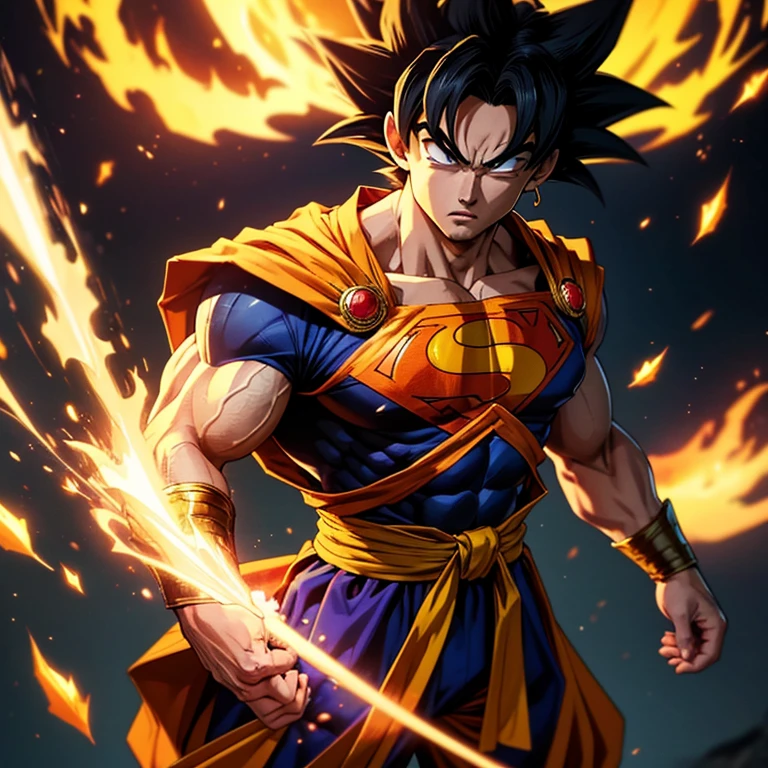 Goku, the legendary Saiyan warrior, dons an unexpected ensemble – the Superman suit embellished with golden armor. With his muscular build and fierce determination unchanged, this fusion of iconic characters promises an intriguing juxtaposition. The dark suit contrasts starkly against Goku's orange gi, while the golden armor adds an regal aura to his presence. Despite this new look, the intensity in his piercing gaze remains undeterred, leaving us pondering what new adventures await our hero.