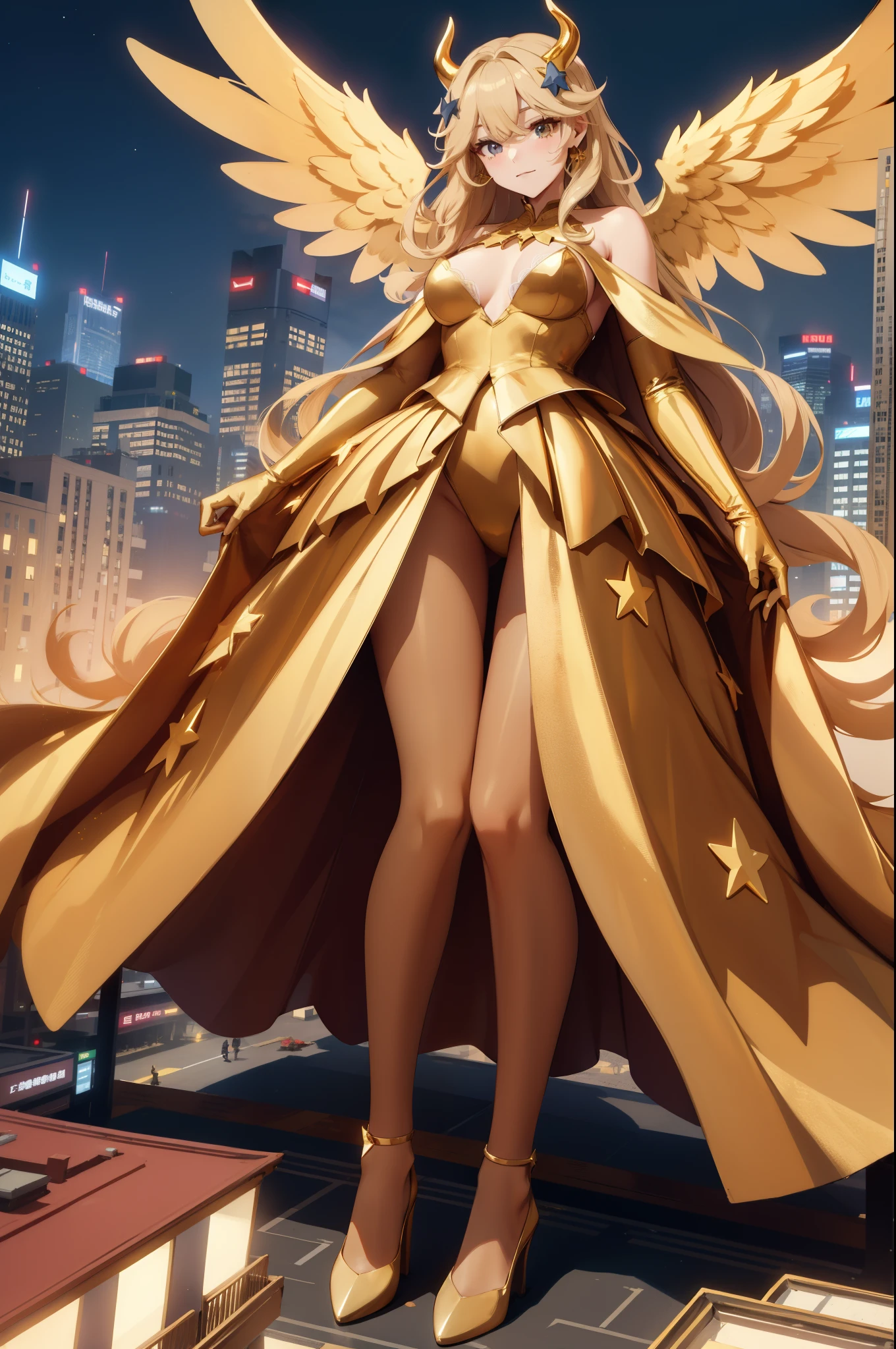 Aerial View，giant girl 50,000 feet high，Weight 1000kg，Has a pair of huge golden angel wings，With huge devil horns on his head，Has waist-length golden hair，loose hair，Big wavy blonde curls，Wearing a pair of gold Mary Jane heels，Gold lace gloves，gold lace pantyhose，Pantyhose with bow and star decorations，金色蕾丝whole body，Standing upright on a small city，Beautiful appearance，Exquisite makeup，quality，8k，高quality，Perfect proportion, Cinema lighting，film grain，Fuji colors，8k，textured skin，Super details，high detail，high resolution，fake smile，blood stains，脚底有blood stains，whole body，Obese，feather
