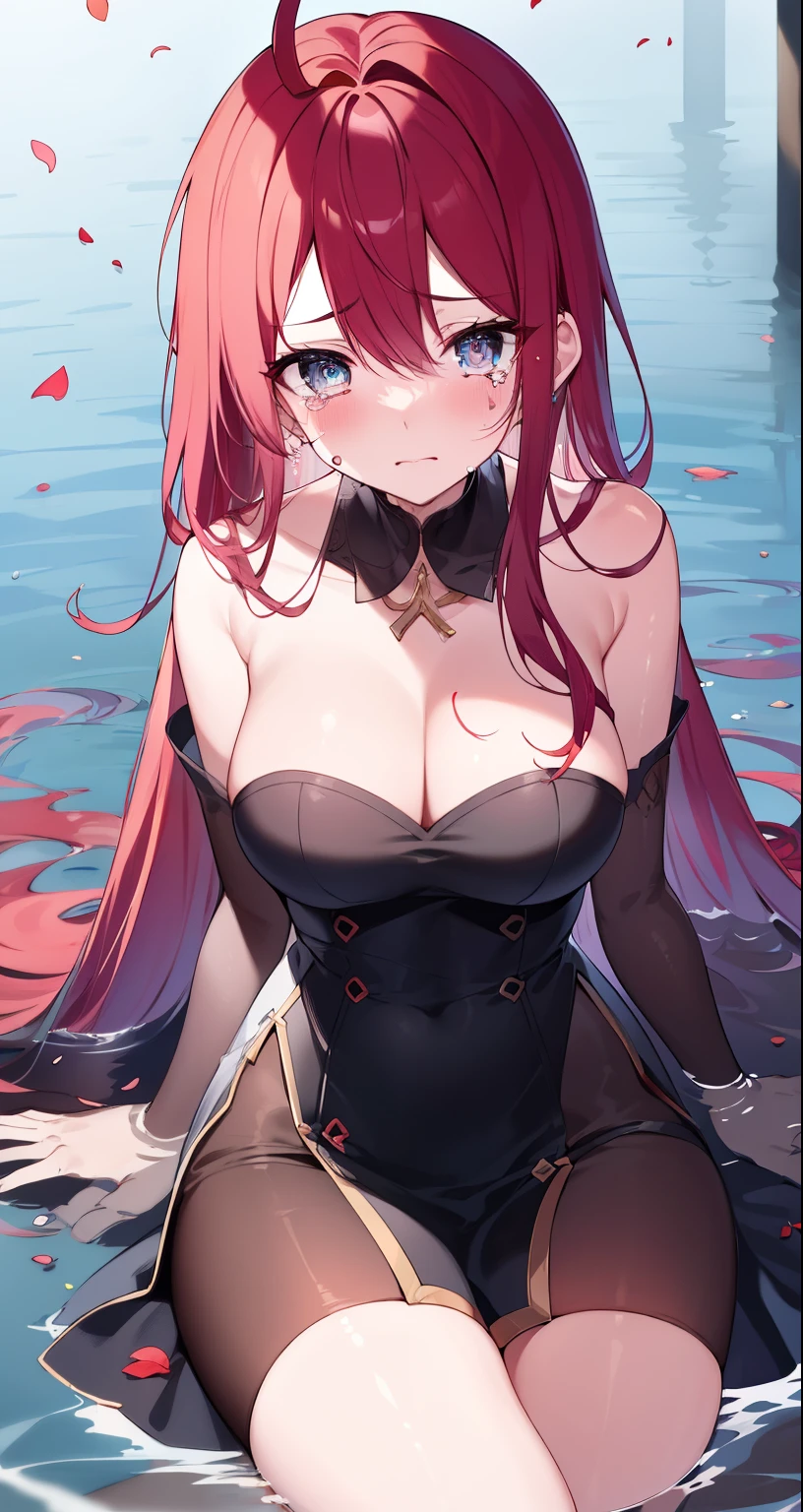 (masterpiece), (Best quality),a high resolution, ultra detailed, Professional lighting, esdeath, esdeath outfit, foreground, water eyes, sad, Bowed head, looking, crying, Falling petals, whole body, Cheeks turn red, depressed gaze, Blood red hair