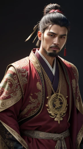 oriental、man in ancient chinese clothes、ancient chinese hairstyle man、three kingdom、multiple warlords、highest quality、masterpiece、ultra high resolution、(realistic:1.4)、game poster、Clear and beautiful image quality、Red clothes、long beard、embroidered cloth wrapped around the topknot、